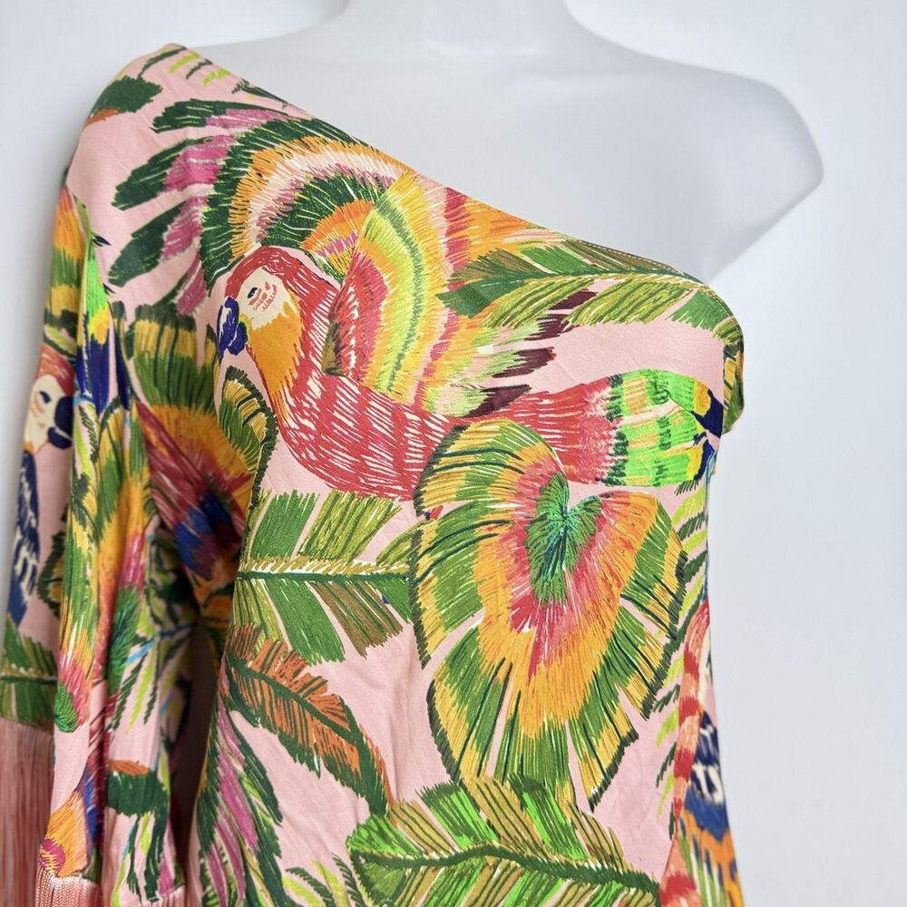FARM Rio One-Shoulder Pink Tropical Parrot Fringe Midi Dress S Vacation Cruise - Picture 2 of 12